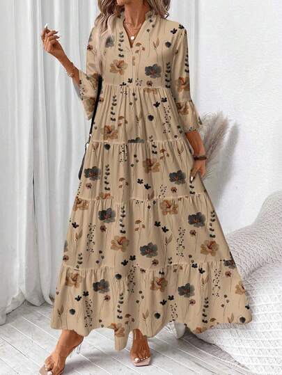 SHEIN LUNE 休闲复古花卉印花 V 领长袖宽松百褶连衣裙，适合春夏季