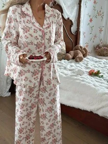 CottageSlumber Bộ đồ ngủ cổ ve áo in họa tiết hoa bong bóng dành cho nữ Bộ đồ ngủ cô dâu Bộ đồ ngủ cổ điển Quần áo thu đông - Màu be - Xem 3