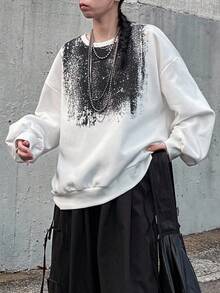 FRIFUL Women's Crew Neck Drop Shoulder Long Sleeve Hem Drawstring Contrast Color Print Loose Casual Pullover Sweatshirt, Autumn/Winter Thermal Lined Carnival - White - View 8