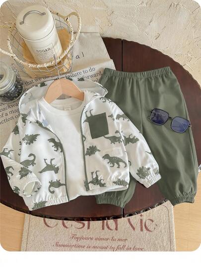 Conjunto de 2 piezas para bebé niño/niña, chaqueta ligera con capucha estampado de dinosaurio en contraste de color y pantalón liso de unicolor, adecuado para primavera, verano, otoño y viajes al aire libre