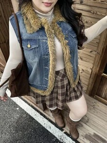 Rivivi 冬季加大码女式无袖牛仔外套，复古水洗牛仔布设计，饰有人造毛皮边饰，秋冬季女式冬装外套 - 深色水洗藍 - 查看 4