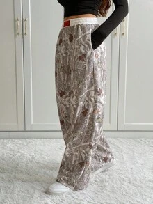 SHEIN Tall Women's Casual Knitted Long Pants With Autumn Leaf Print And Zipper Detail - Grey - View 4