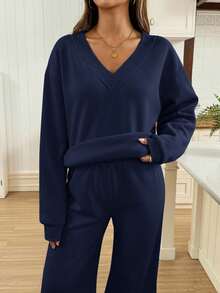 SHEIN 2件套孕妇休闲纯色运动衫和运动裤套装，秋冬 - 藏蓝色 - 查看 4