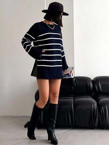 EURMUSE Women's Striped Drop Shoulder Sweater - Navy Blue - View 4