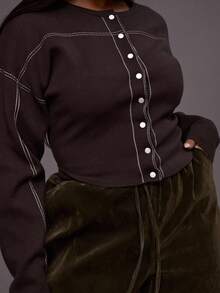 MUSERA Plus Size Contrast Stitch Popper Long Sleeve Cardigan Everyday Casual Cool Girl Streetwear Uncut Evening Party Elegant Spring - Chocolate Brown - View 4