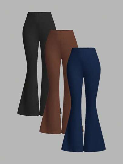 SHEIN PETITE 3 طقم من الأحزمة المطاطية المناسبة للخصر، بنطلونات نسائية ضيقة مع قصة واسعة للأرجل