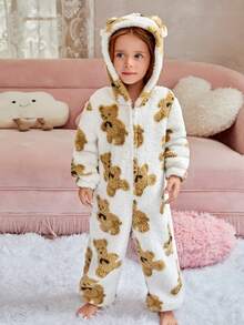 SHEIN 年轻女孩休闲可爱熊图案拉链 3D 耳朵设计连帽泰迪连体衣，羊毛连帽长袖睡袍睡衣，外穿。 - 白色 - 查看 3