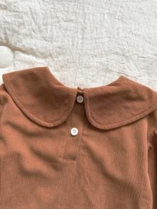 SHEIN Vintaside Kids 1 件幼儿女童舒适休闲韩版翻领 3D 刺绣天鹅绒长袖百搭上衣，适合春秋冬日常穿着 - 咖啡棕 - 查看 7