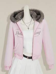 SHEIN ICON 女士蓬松连帽衫粉色刺绣休闲户外街头风格短款拉链夹克，适合秋冬女士 - 粉色 - 查看 10