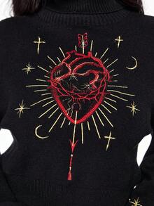 ROMWE Goth Suéter de cuello alto con bordado de corazón gótico y luna estrellada