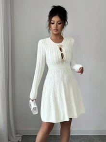 Franclia Women's White Gold Cable-Knitted Dress,Elegant Autumn Tea Party Round Neck Hollow Shoulder Long Sleeve Sweater Umbrella Hem Slim Fit Wedding Dress - Apricot - View 5