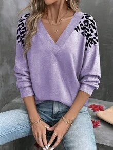 SHEIN LUNE 女式V领层叠豹纹长袖T恤，秋冬流行款 - 彩色 - 查看 4