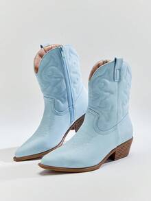 Solezae Women Comfortable Point Toe Block Heel Embroidered Cowboy Ankle Boots - Blue - View 7