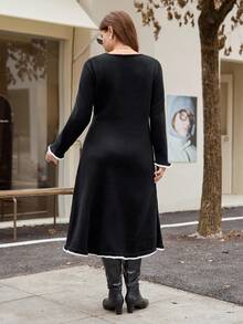 Calvaya Plus Size V-Neck Contrast Trim Knit Dress, Slimming & Flattering Long Sweater Dress - Black - View 2
