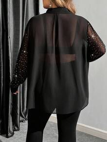 SHEIN CURVE+ 大码女式优雅透明亮片前扣衬衫，适合秋季和派对 - 黑色 - 查看 2