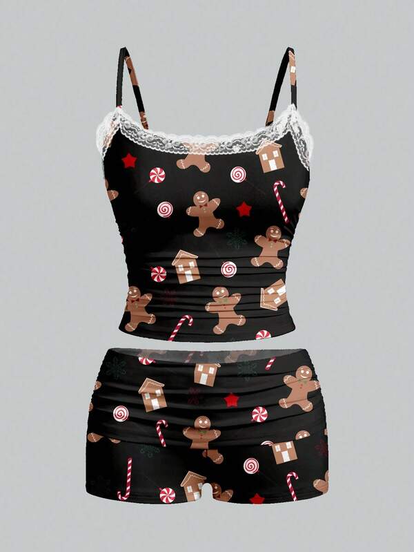 Glamance Gulsengunel 2pcs/Set Women's Fitted Cute Christmas Outfit, Winter Cute Two Pieces Set Gingerbread Print Two Pieces Set Short Two Pieces Set Christmas Loungewear Gingerbread Christmas Pajamas Chic Stylish Clothing Collection Cute Two Piece Set Short Two Piece Set Holiday Two Piece Set Lounge Two Piece Set