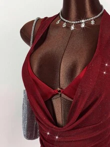 Amplova 女式闪亮亮片垂坠领短款细肩带背心和抽绳腰部紧身迷你裙性感套装 - 酒紅色 - 查看 5