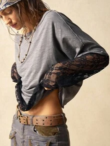 Bohemela Áo thun cổ tròn tay dài màu trơn dệt kim tương phản cổ điển dành cho nữ mùa thu/đông, phong cách miền Tây, đi nghỉ mát, thích hợp mặc đi nghỉ & mặc hàng ngày & trở lại trường, Halloween, Giáng sinh - Màu xám đen - Xem 1