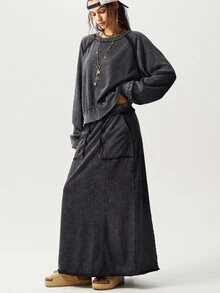 Bohemela 2 件套女士休闲纯色针织圆领长袖宽松运动衫和宽松裙子 - 黑色 - 查看 2