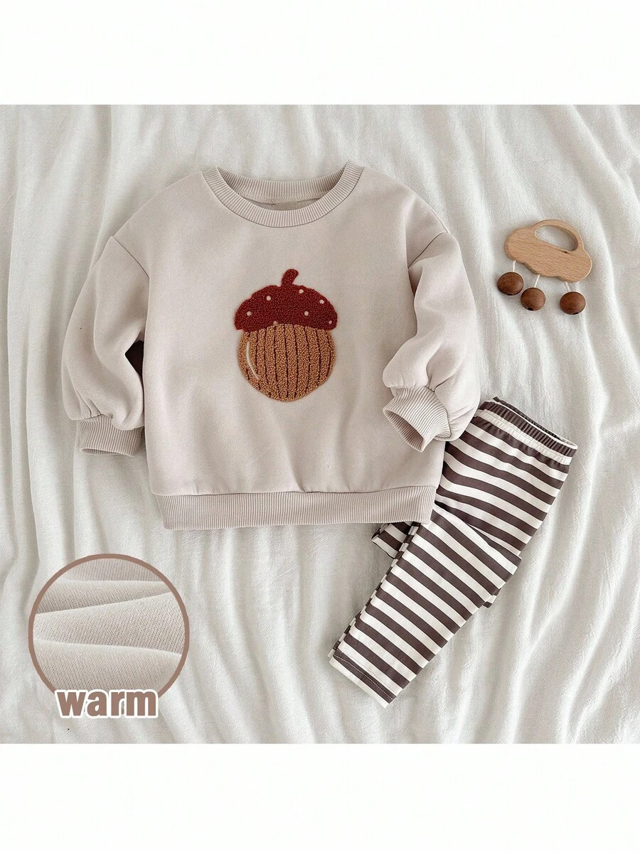 Loomiva 2pcs Baby Girl Cartoon Bear Pattern Knit Soft Crew Neck Long Sleeve Pullover Sweatshirt And Elastic Waist Pants Set