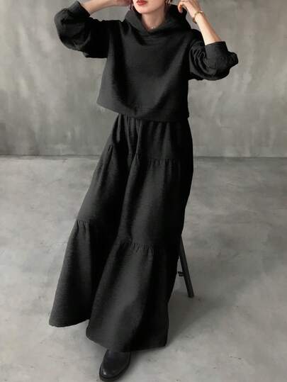 FRIFUL Women's Floral Gray Hoodie Top & Pleated Maxi Skirt Two Pieces Set, Casual Loose Matching Outfit For Autumn