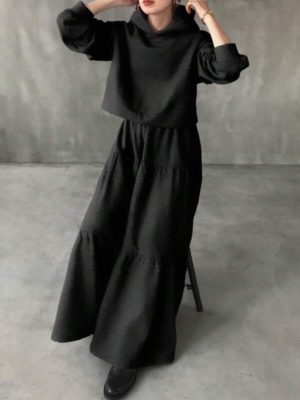 FRIFUL Women's Floral Gray Hoodie Top & Pleated Maxi Skirt Two Pieces Set, Casual Loose Matching Outfit For Autumn