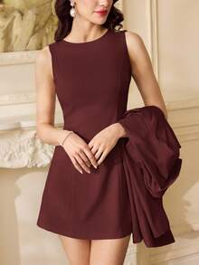 Vintamour 女式两件套复古优雅西装外套和无袖连衣裙优雅套装休闲夏季服装适合婚礼宾客、生日、办公室 - 酒紅色 - 查看 2