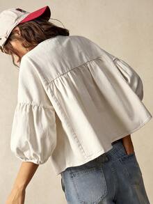 Bohemela 女式宽松绿色泡泡袖度假衬衫 - 杏色 - 查看 6