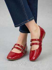 Bailarinas para mujer, punta cuadrada, piel suave, sin agujetas, dos correas con hebilla, suela plana, estilo vintage, oficina y diario - Rojo - Ver 2