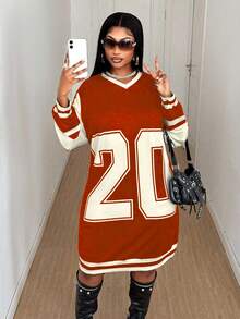 Rovax Plus Size Color Block Numeric Print Dress - Multicolor - View 5