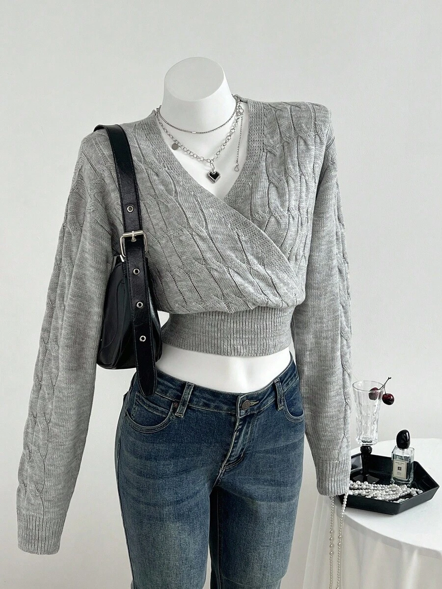 Flirla Women's V-Neck Oblique Placket Belted Slim Fit Long Sleeve Casual Fashionable Knit Sweater, Autumn/Winter - Light Grey - View 1