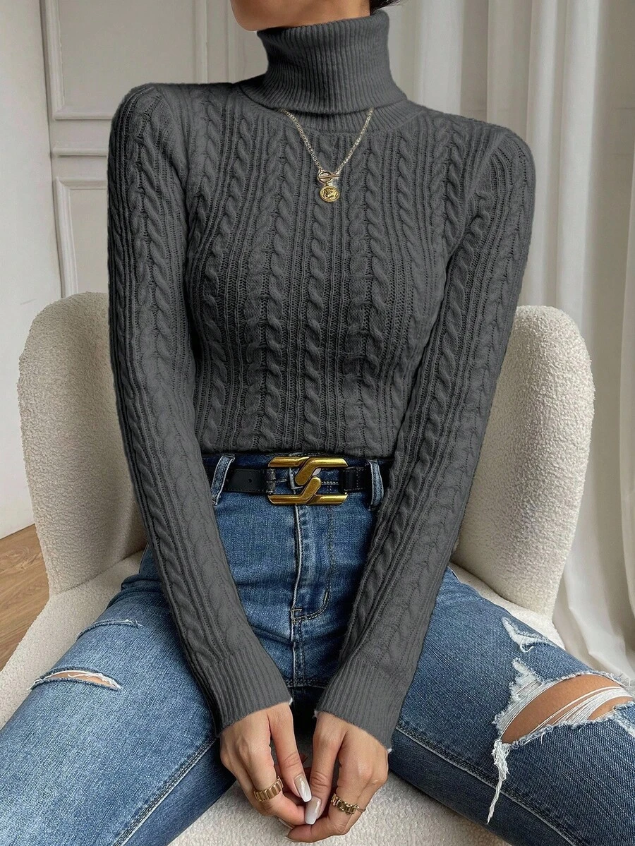 EMERY ROSE Women's Casual Turtleneck Twist Pattern Long Sleeve Sweater, Autumn/Winter - Dark Grey - View 1