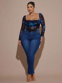 SHEIN BAE Plus Size High Waist Water Wash Jeans - Dark Wash - View 4