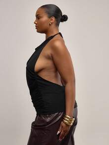 MUSERA Áo kiểu dáng cỡ lớn cổ đổ, xếp nếp, buộc dây cổ, lưng thấp, thích hợp cho cô nàng cá tính, đi chơi, gợi cảm, lễ hội, tiệc tùng mùa xuân hè. - màu đen - Xem 3