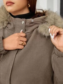 Easura Plus Size Vintage Waist-Cinched Mid-Length Hooded Long Sleeve + Detachable Fur Collar Padded Coat
