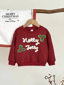 LMoss Kids LMoss 女婴字母圆领休闲圣诞卫衣，秋冬季，节日婴儿服装，婴儿圣诞卫衣，舒适的秋冬款式，圣诞节，冬季，圣诞毛衣 - 紅色 - 查看 3