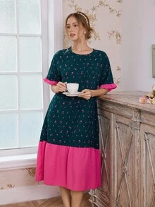 CottageSlumber Romantic Bubble Crinkle Print Color Block Women Long Nightgown - Multicolor - View 6