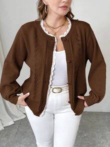 EMERY ROSE 大码女式纯色蕾丝宽松休闲开衫，秋冬 - 棕色 - 查看 3