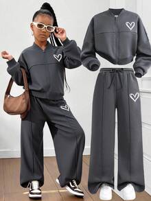 少女秋冬季保暖休闲时尚校园街头风运动卫衣外套，饰有涂鸦和爱心印花，拉链针织拼接短款连帽衫，搭配同款宽松直筒运动裤，两件套，深灰色返校套装 - 深灰色 - 查看 8