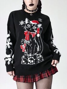 ROMWE Gothic Dark Mysterious Cat Skeleton Christmas Intarsia Loose Pullover Sweater - Black - View 2