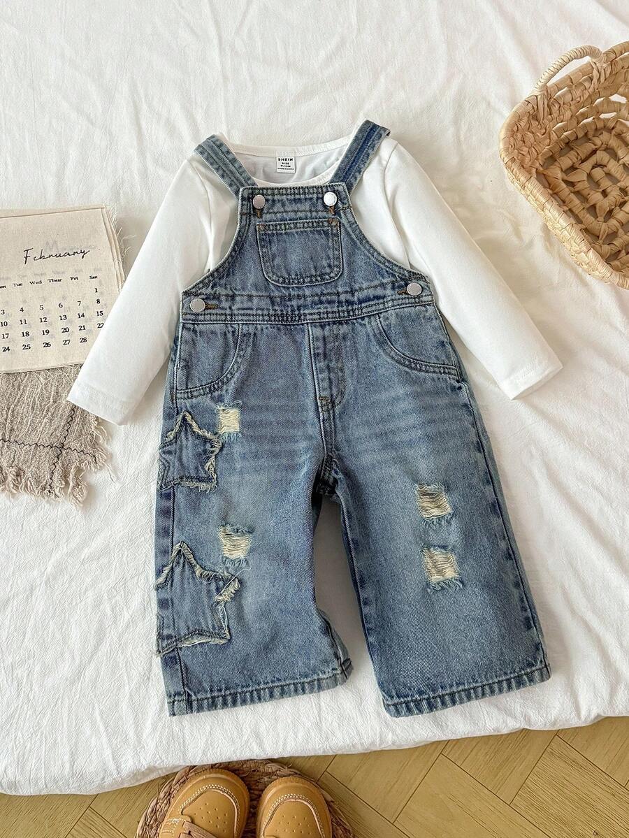 SHEIN Luźny, dżinsowy kombinezon dla chłopca w stylu vintage w kolorze niebieskim z przetarciami - Ciemny jeans - Zobacz 1