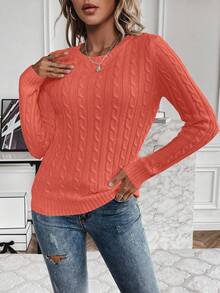 EMERY ROSE Áo len dệt kim màu trơn cổ tròn tay dài dành cho nữ, Thu/Đông - Màu Cam cháy - Xem 3