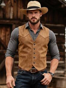 Manfinity Nomadique 男士休闲麂皮背心，纯色，单排扣，适合秋季度假穿着，西部牛仔风格，男士无袖乡村音乐会服装，冬季款