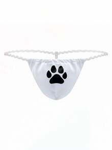 SHEIN Plus Size Sexy Thong Panties With Cute Cartoon Digital Footprint Print, White - White - View 2