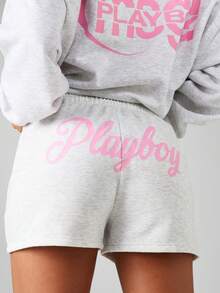 Missguided x Playboy Quần short chạy bộ oversized in logo có cạp chun co giãn mặc nhà thoải mái mùa hè - Màu Xám nhạt - Xem 1