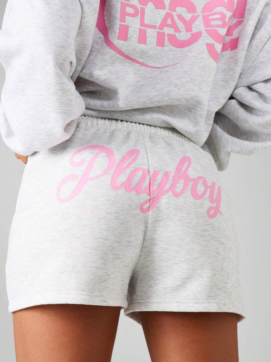 Missguided x Playboy Quần short chạy bộ oversized in logo có cạp chun co giãn mặc nhà thoải mái mùa hè - Màu Xám nhạt - Xem 1