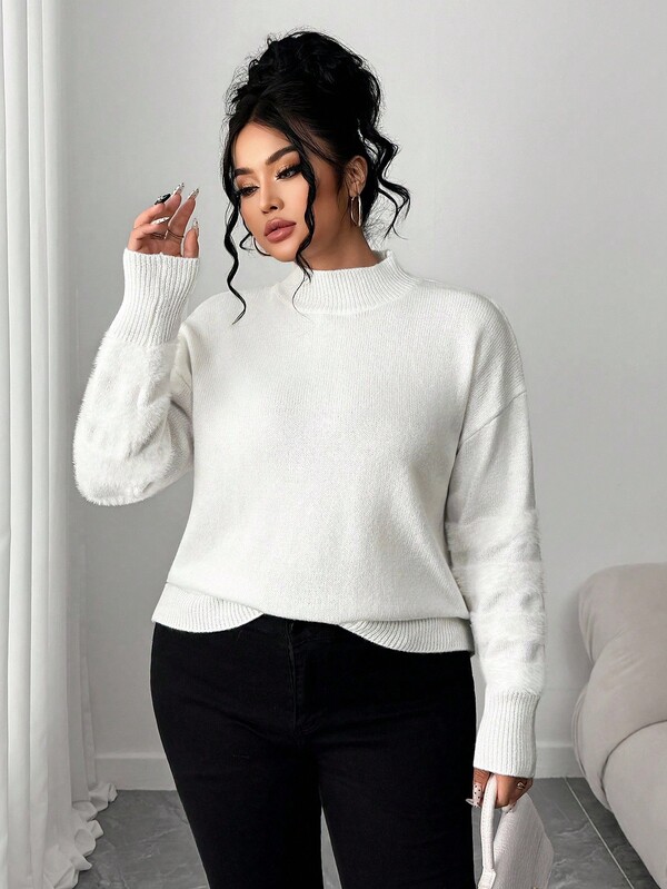 Elenzga 大码女式纯色落肩长袖休闲宽松套头毛衣，秋冬