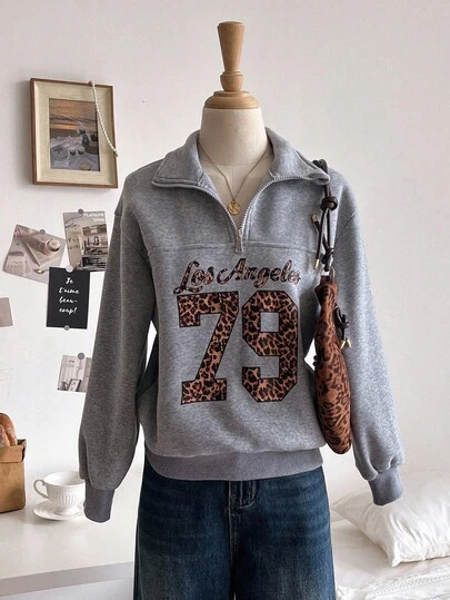 Sweetra Young Sudadera casual y versátil de moda para niñas preadolescentes, de color gris con estampado de leopardo en el pecho, manga larga con puños y bajo acanalados, adecuada para salidas de otoño/invierno y ropa de calle, se puede combinar con vaqueros, pantalones de chándal, chaquetas, abrigos