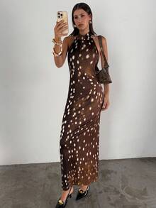 Aloruh 女式新款秋冬无袖挂脖连衣裙，性感鹿纹高领露背长款连衣裙，派对俱乐部服装 - 彩色 - 查看 7