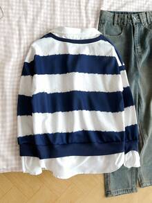 Genkimix Kids 少女秋冬返校复古休闲卫衣，针织面料，蓝白条纹拼接，白色编织领，长袖，适合少女穿着，韩版休闲高端品质，秋冬适合上学、郊游、聚会、拍照等场合。 - 彩色 - 查看 2